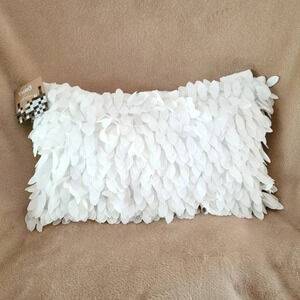 Bright White Marlo Lorenz THRO Faux Linen Fallen Leaves Feather Pillow 18"x 10".